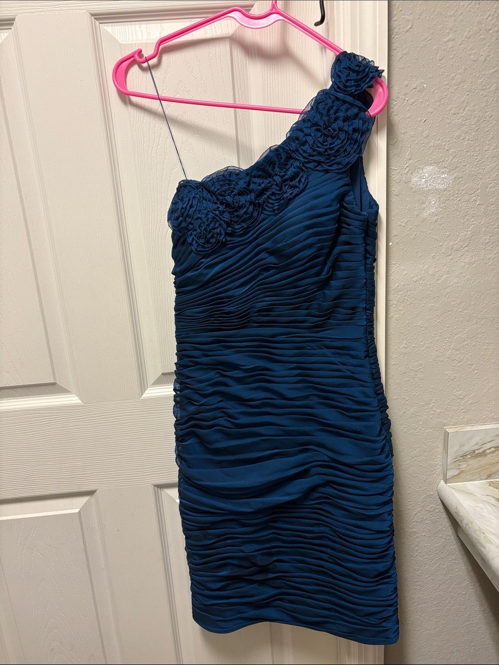 Cache One-Shoulder Navy Blue Rosette Ruched Cocktail Dress